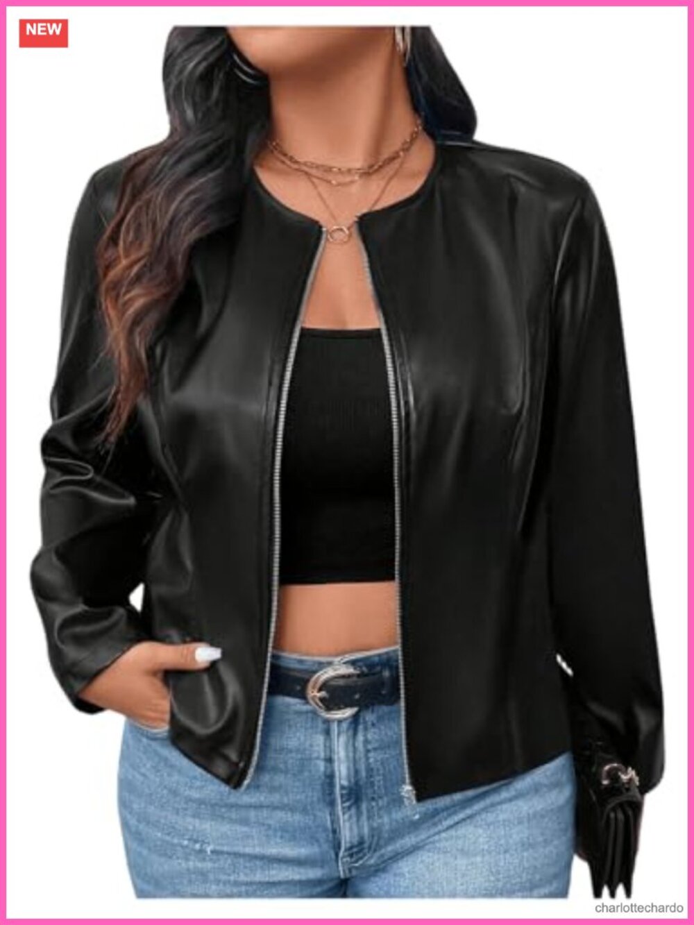 Plus Size PU Leather Jacket Zip Up Round Neck Long Sleeve Bomber Casual